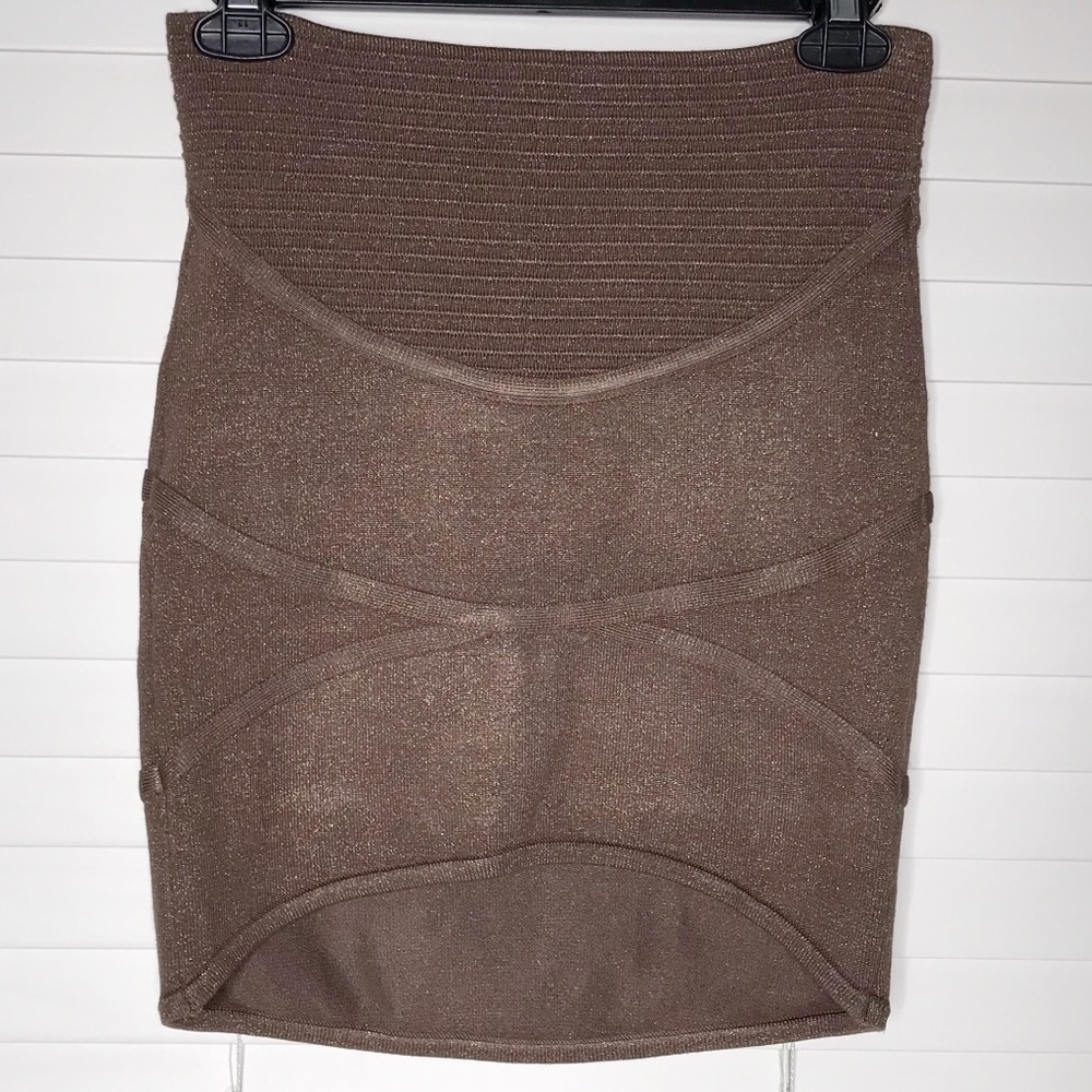 Bebe Bandage/Bodycon Metallic Mini Skirt Hi Low